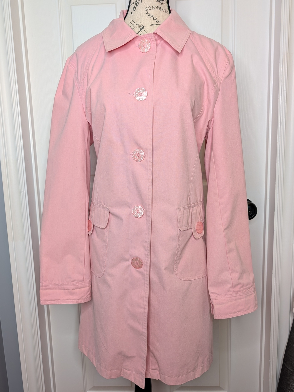 Classic Women's Pink Mid-Length Trench Coat Size L Floral Buttons